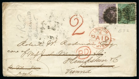 Stamp of Great Britain » British Post Offices Abroad » Argentina 1866 Envelope from Buenos Aires to Austria with GB 1865-67 6d lilac pl.5 and 1865 1s green pl.4 tied by "B32" numerals