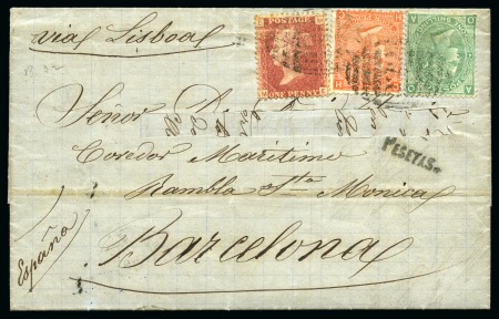 Stamp of Great Britain » British Post Offices Abroad » Argentina 1871 Entire from Buenos Aires to Spain with 1864 1d red pl.140, 1865-73 4d vermilion pl.12 and 1867-73 1s green pl.4 