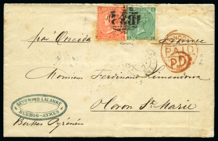1871 (Oct 14) Entire from Buenos Aires to France with 1865-73 4d vermilion pl.12 and 11867-73 1s green pl.4 