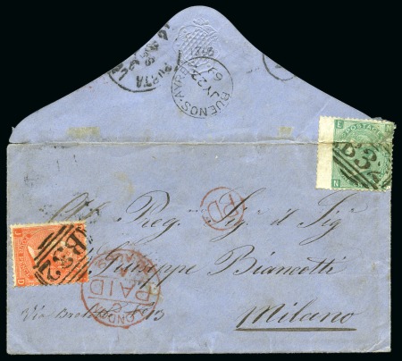 1869 (Jul 23) Envelope from Buenos Aires to Italy with 1865-73 4d vermilion pl.11 and 1867-73 1s green pl.4 