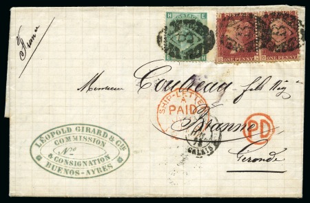 1873 Entire from Buenos Aires to France with 1867-83 1s green pl.7 and 1864 1d red pl.140 pair