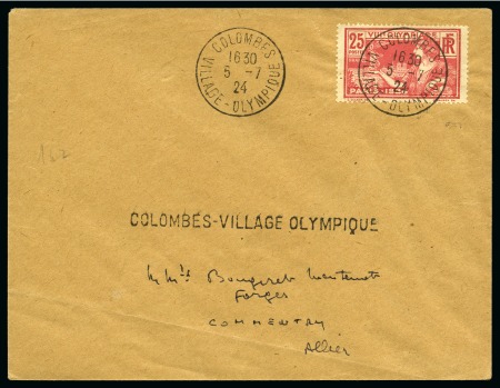 1924 (Jul 5) Envelope with 1924 Olympic 25c tied by "COLOMBES / VILLAGE-OLYMPIQUE" cds