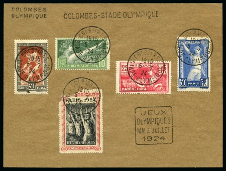 DURING THE GAMES (OPENING CEREMONY): 1924 (Jul 5) Front/parcel piece with 1924 Olympic set with Olympic Village cancels and handstamps