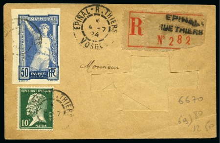 1924 Olympic 50c IMPERFORATE tied to cover by EPINAL cds