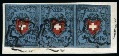 Stamp of Switzerland / Schweiz » Rayonmarken » Rayon I, dunkelblau mit Kreuzeinfassung Typen 18+19+20 als waagrechter Dreierstreifen, sehr