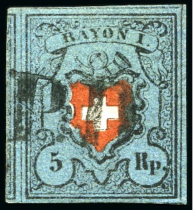 Stamp of Switzerland / Schweiz » Rayonmarken » Rayon I, dunkelblau mit Kreuzeinfassung Type 24, farbfrisch und ausserordentlich breit gerandet,