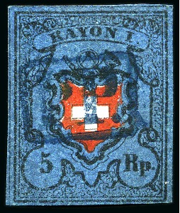 Stamp of Switzerland / Schweiz » Rayonmarken » Rayon I, dunkelblau mit Kreuzeinfassung Type 20, sehr farbfrisch und breitrandig, klar und