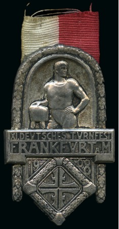 1908 German Gymnastics Festival in Frankfurt silvered badge and ribbon