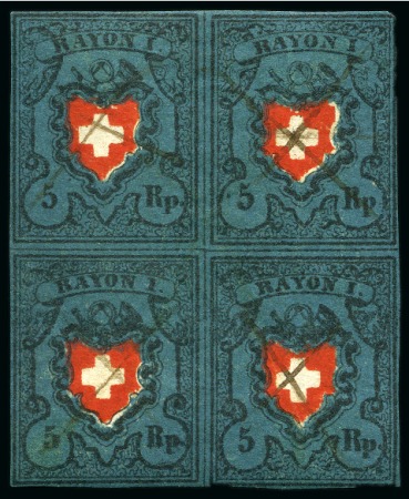 Stamp of Switzerland / Schweiz » Rayonmarken » Rayon I, dunkelblau ohne Kreuzeinfassung Type 13+14/21+22, Viererblock in leuchtenden tiefen