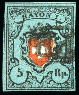 Stamp of Switzerland / Schweiz » Rayonmarken » Rayon I, dunkelblau ohne Kreuzeinfassung Type 20, farbfrisch und allseits breit gerandet, entwertet