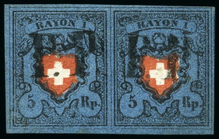 Stamp of Switzerland / Schweiz » Rayonmarken » Rayon I, dunkelblau ohne Kreuzeinfassung Type 33+34 als waagrechtes Paar, sehr farbfrisch, enormrandig
