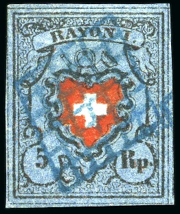 Stamp of Switzerland / Schweiz » Rayonmarken » Rayon I, dunkelblau ohne Kreuzeinfassung Type 37, sehr farbfrisch und ringsum breit gerandet