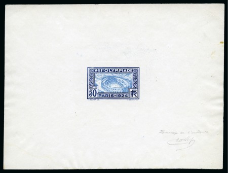 1924 50c Olympics unissued design die proof in dark blue and light blue on white paper