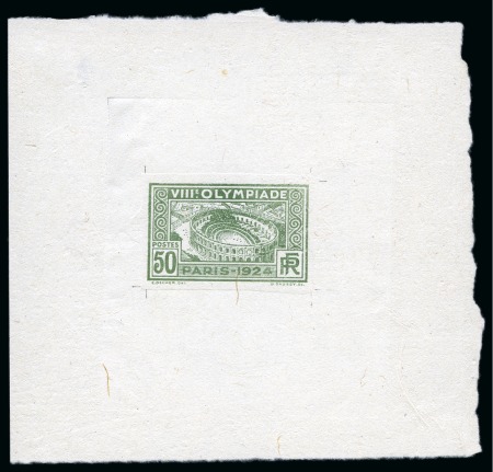 1924 50c Olympics unissued design composite die proof in green on handmade meshed paper