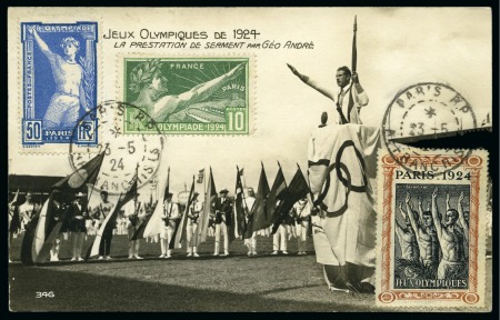 1924 (May 23) AN Paris postcard of the Olympic oath with 1924 Olympics 10c and 50c and Olympic vignette