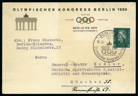 1930 Berlin Olympic Congress printed card and special cancellation