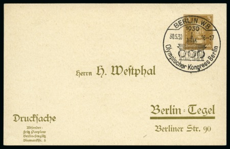 Stamp of Olympics » 1930 Berlin Congress 1930 Berlin Olympic Congress special cancellation on postal stationery card