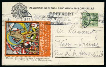 Stamp of Olympics » 1912 Stockholm 18th DAY: 1912 (Jul 16) Official picture postcard with 5ö and official Olympic vignette (Swedish language) tied by the Olympic roller cancel