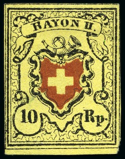 Stamp of Switzerland / Schweiz » Rayonmarken » Rayon II, gelb, ohne Kreuzeinfassung (STEIN A 1) DRUCKPROBE: 10Rp schwarz/rot/gelb, Rayon II ohne Kreuzeinfassung