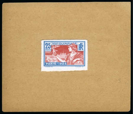 Stamp of Olympics » 1924 Paris » Essays and Proofs 1924 25c Olympics die proof (stage 3b, unadopted design with clouds in background) in red and blue