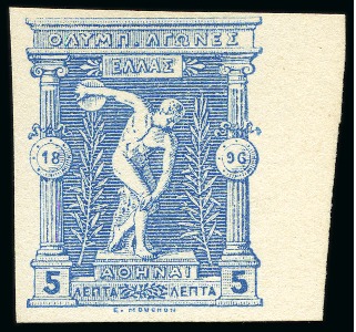 Stamp of Olympics » 1896 Athens 1896 5l Die proof from the original plate on carton paper in blue