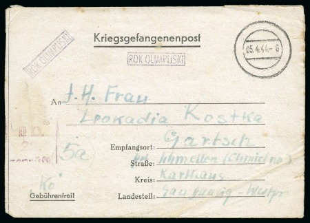 Stamp of Olympics » 1944 Polish P.O.W. Camps 1944 Woldenberg POW lettersheet dated 5.4.44, with "ROK OLIMPIJSKI" handstamp