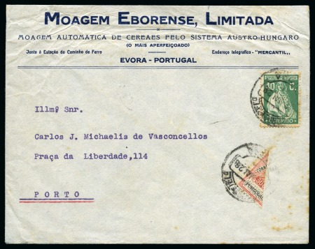 PORTUGAL: 1928 (May 23) SECOND DAY: Envelope with 1928 Olympic 30c BISECT and normal postage dues