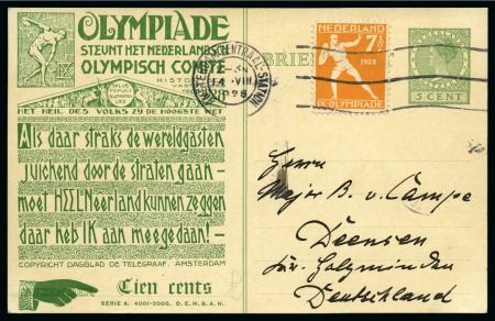 1928 Amsterdam 5c official postal stationery card by Huygens uprated with Olympics 7 1/2c