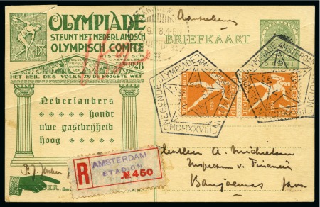 1928 Amsterdam 5c official postal stationery card by Huygens with Olympic cancel and registration label