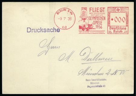 Stamp of Olympics » 1936 Berlin » Special Postmarks 1936 Berlin “Fliegt nach Deutschland dem land der Olympischen Spiele 1936” slogan machine frank proof