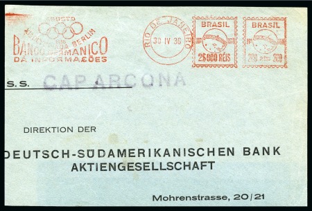 Stamp of Olympics » 1936 Berlin » Special Postmarks 1936 Piece from Brazil “ASOSTO / XI OLYMPIADA BERLIM / BANCO GERMANICO / DA INFORMACEOS" machine frank