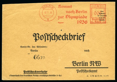 1936 (Jul 13) "Kommt nach Berlin zur Olympiade 1936" slogan machine frank