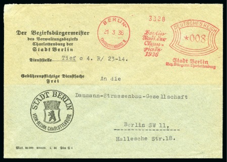 1936 "Berlin / Zeit im / Olympi= / pionen 1936" official 008pf slogan machine cancel from City Hall of the Charlottenburg district