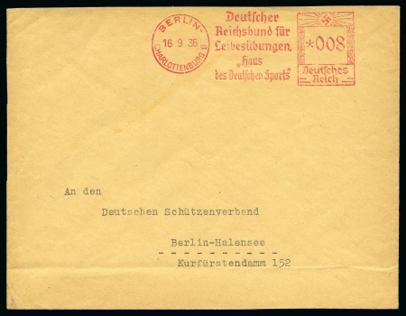 Stamp of Olympics » 1936 Berlin » Special Postmarks 1936 (Sep 16) "Deutscher Reichsbund for Leibesübungen" slogan machine frank