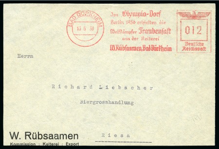 Stamp of Olympics » 1936 Berlin » Special Postmarks 1938 (Jun 13) "Im Olympia-Dorf / Berlin 1936 erhielten  die / Wettkämpfer Traubensaft / aus der Kelterei / W. Rübsamen, Bad Dürkheim" machine frank