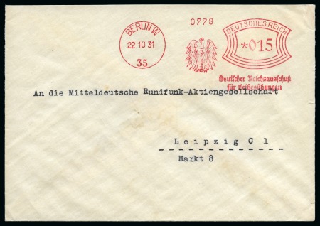 Stamp of Olympics » 1936 Berlin » Special Postmarks 1931 (Oct 22) "Deutscher Reichsausschuss für Liebesübungen" slogan machine frank