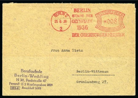 1936 "BERLIN STADT DER OLYMPIADE 1936 DER OBERBÜRGERMEISTER" slogan 008pf machine cancel