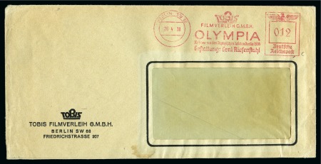1938 "FILMVERLEIH GMBH / OLYMPIA / Die Filme von den Olympischen Spielen Berlin 1936 / Gestaltung: Leni Riefenstahl" advertising slogan machine frank