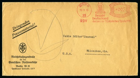 Stamp of Olympics » 1936 Berlin » Special Postmarks 1936 (Sep 19) "Besucht Deutschland das Land der Olympischen Spiele 1936" Berlin W 005pf slogan machine frank