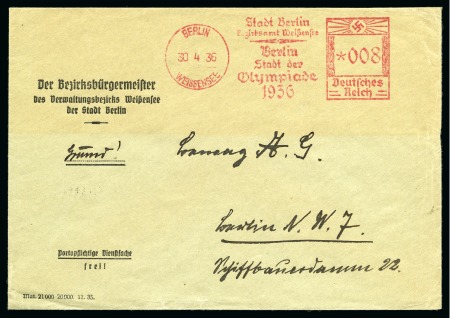 1936 (Apr 30) "Berlin - Stadt der Olympiade 1936" Berlin Weissensee 008pf slogan machine frank