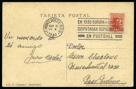 1930 World Cup: 1930 postcard from Uruguay with advertising slogan machine cancel for the first World Cup