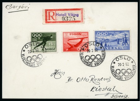 Stamp of Olympics » 1952 Oslo 1952 Oslo postcard with the Olympic set of three sent registered from "Hotel Viking"