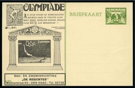 1928 Amsterdam 5c official postal stationery card by Huygens depicting Swimming with "DE REGENTES" advert, unused