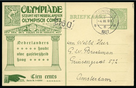 1928 Amsterdam 5c official postal stationery card by Huygens (Serie B. 1-1000), used