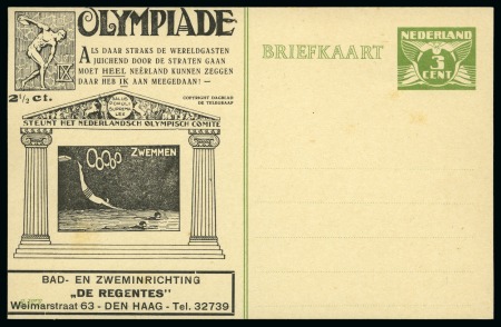 1928 Amsterdam 3c official postal stationery card by Huygens depicting Swimming with "DE REGENTES" advert unused