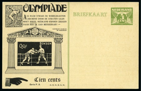1928 Amsterdam 3c official postal stationery card by Huygens (Serie F.3) depicting boxing, unused