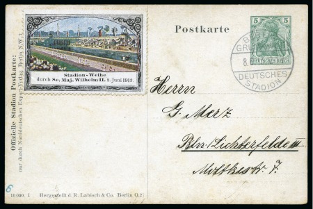 1913 (Jun 8) 5pf official postal stationery card cancelled by "BERLIN / GRUNEWALD / DEUTSCHES / STADION" cds