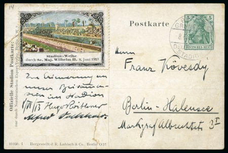Stamp of Olympics » 1916 Berlin 1913 (Jun 8) 5pf official postal stationery card cancelled by "BERLIN / GRUNEWALD / DEUTSCHES / STADION" cds