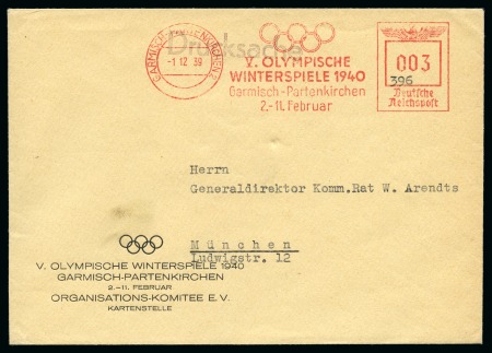 1940 Garmisch-Partenkirchen Organising Committee printed envelope with Olympic machine frank