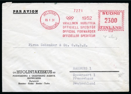 1952 Helsinki commercial envelope from Huolintakeskus  with matching Olympic slogan machine frank